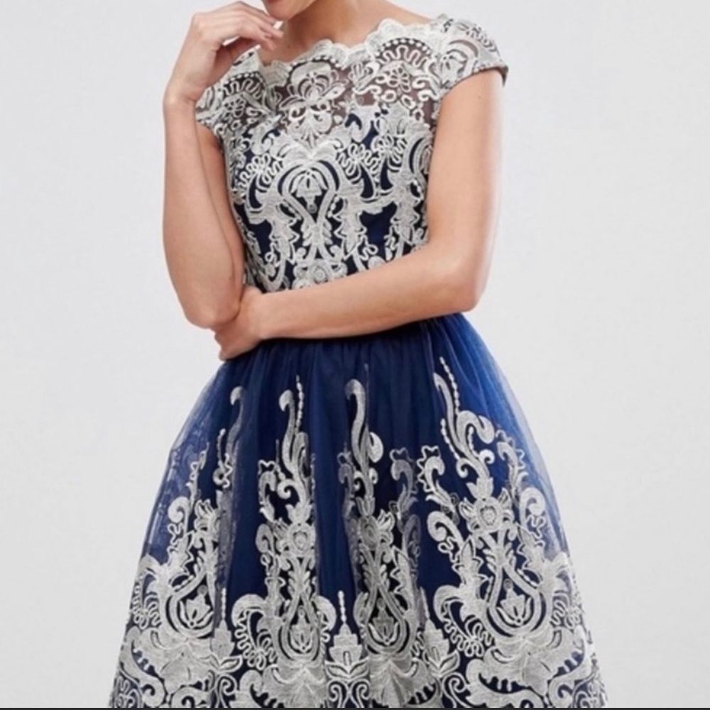 Elegant Silver Lace and Navy Cocktail Dress
